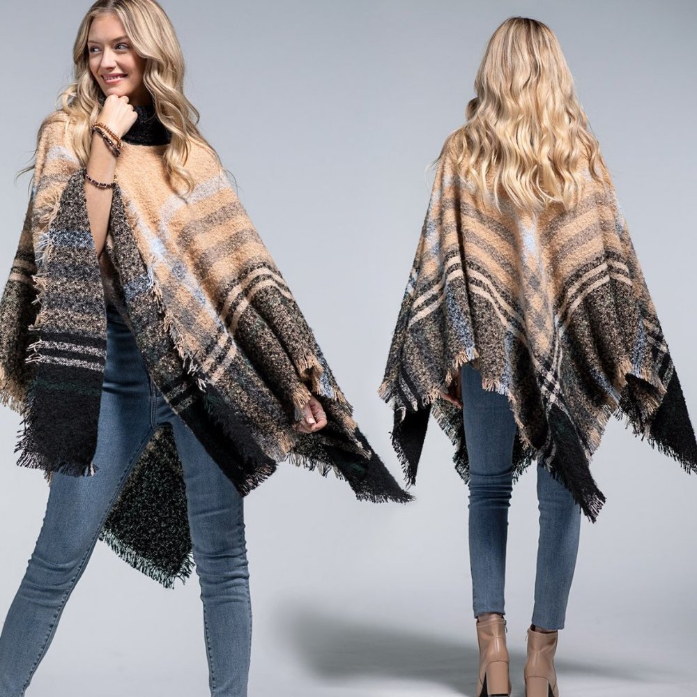 2 PACK: Soft knit Boucle yarn turtle neck women's sweater throw over poncho top